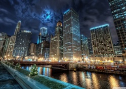 downtown chicago at night hdr